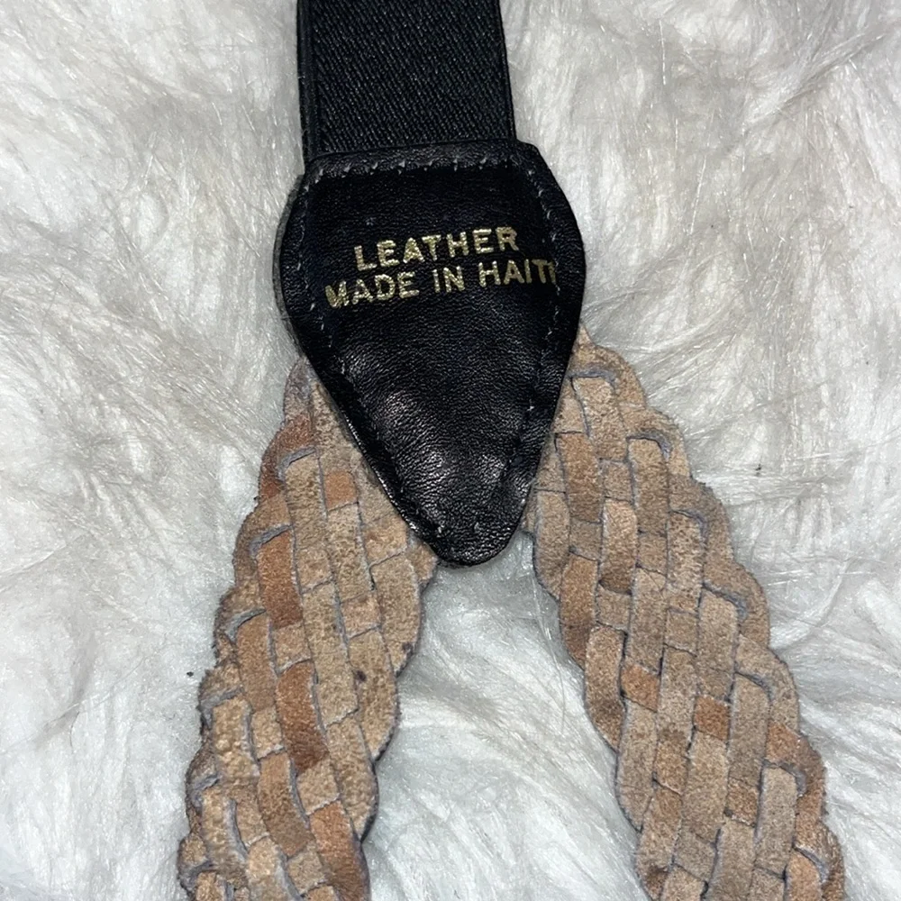 Black braided leather suspenders made in Haiti gold tone hardware